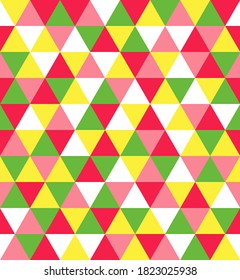 Retro Triangle vector seamless pattern. Festive, merry geometric shapes background. Abstract texture  for wrapping, wallpaper, textile,  leaflet. Red, Orange, Beige, Blue, Green mosaic backdrop.