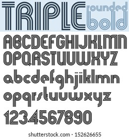 Retro triple line rounded bold font, patterned old style alphabet. Best for use as a headlines in advertising, stylish retro art, graphic designs, posters and web design.  Vector.