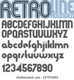 Retro triple line stripes font, pattern old style alphabet. Best for use as a headlines in advertising stylish retro graphic designs, posters and web design.  Vector.