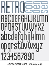 Retro triple line stripes font, light condensed version, pattern old style alphabet. Best for use as headlines in advertising stylish retro graphic designs, posters and web design. Vector.