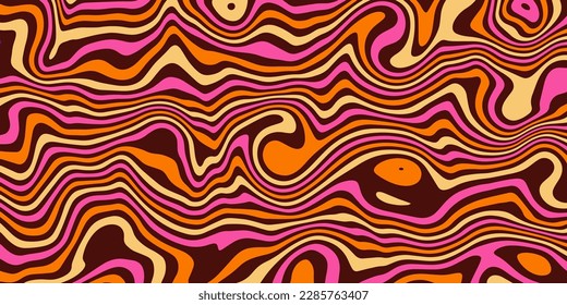 Retro trippy background. Groovy vintage psychedelic wallpaper. Colorful wavy pattern, cover, poster in 60s or 70s, 80s style. Liquid hippie texture. Vector illustration 