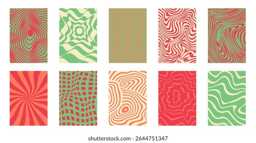 Retro Trippy Poster Backgrounds. Editable Swirl Templates for Text with Liquify Effect and Wavy Designs in green and red colors, geometric patterns