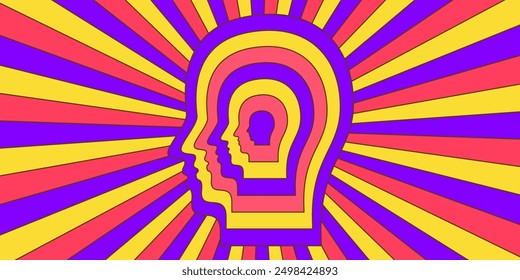 Retro trippy psychedelic background. Purple, yellow and pink groovy head with ray burst wallpaper. Vintage colorful hippie tunnel poster. Mental hypnotic vibe concept. Vector backdrop