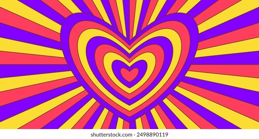Retro trippy psychedelic background. Purple, yellow and red groovy heart with ray burst wallpaper. Vintage colorful hippie tunnel poster. Hypnotic love vibe concept. Vector valentine backdrop