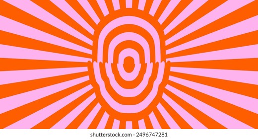 Retro trippy psychedelic background. Red and pink groovy head with ray burst wallpaper. Vintage colorful hippie tunnel poster design. Mental hypnotic vibes concept. Vector backdrop