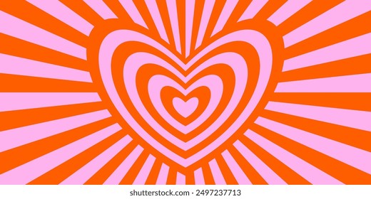 Retro trippy psychedelic background. Red and pink groovy heart with ray burst wallpaper. Vintage colorful hippie tunnel poster. Hypnotic love vibe concept. Vector valentine backdrop