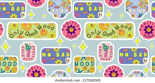 Retro trippy smile sticker seamless pattern for print design. Vector seamless pattern. Trendy psychedelic style. Cartoon trip sticker for wallpaper design