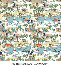 Motif Rétro Tropical Beach Paradise Harmonieux Été Vacances Arrière-Plan Voyage