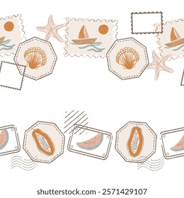 Retro Tropical Beach Stamps Vector Seamless Horizontal Borders Set