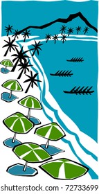 Retro Tropical Beach Tourist Outrigger Canoe Race in the Lagoon Vector Illustration