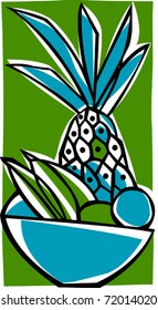 Retro Tropical Bowl of Fruit Vector Illustration