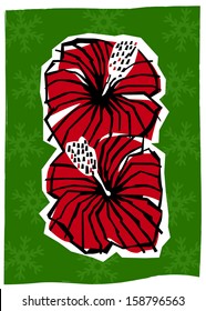 Retro Tropical Christmas Hibiscus Flowers Vector Illustration