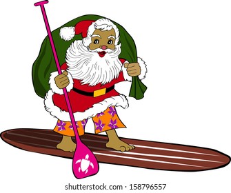 Retro Tropical Christmas Surfing Santa on Standup Paddleboard Vector Illustration