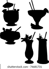 Retro Tropical Cocktail Drinks Silhouette Set Vector Illustration