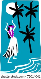 Retro Tropical Dancing Hula Girl Vector Illustration