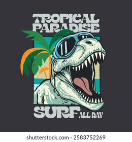 Retro tropical design featuring a roaring T-Rex in sunglasses, palm trees, and bold typography. Perfect for summer, surf, and beach-themed apparel and prints.






