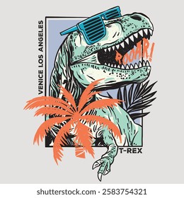 Retro tropical design featuring a roaring T-Rex in sunglasses, palm trees, and typography. Perfect for summer, surf, and beach-themed apparel and prints.