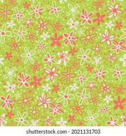 Retro tropical ditsy scribbled doodle flower vector seamless pattern background. Dense millefleur style hand drawn florals green orange backdrop. 1970 vintage vibe dense design. All over print.