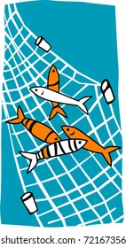 Retro Tropical Fish in Net Vector Illustration