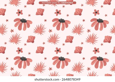 Retro Tropical Floral Seamless Pattern – Palm Leaves and Bloom in Pink Tones