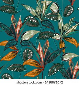 Retro Tropical forest  botanical Motifs scattered random. Seamless vector texture Floral pattern in the many kind of wild plants Printing with in hand drawn style on vintage green background color