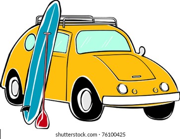 Retro Tropical Happy Hippie Compact Standup Paddle Board Surf Car Vector Illustration
