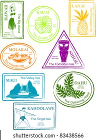 Retro Tropical Hawaiian Island Set of Fun Passport Stamps Vector Illustration