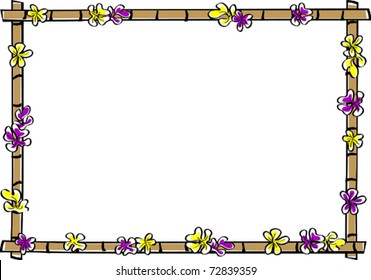 Retro Tropical Horizontal Bamboo Frame with Scattered Plumeria Flower Blossoms Vector Illustration