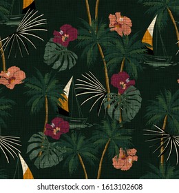 Retro Tropical island with hibiscus floral print. variety of jungle palm trees and sailing boat on dark green texture exotic print.Design for fashion,fabric,web,wallpaper,wrapping and all prints