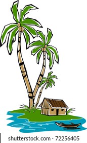 Retro Tropical Island Lagoon Tiki Hut with Palm Trees Vector Illustration