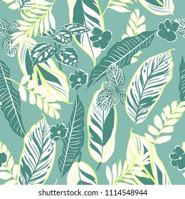 Retro tropical leaves and foliage seamless pattern vector in hand drawn style for fashion fabric and all prints on stylish vintage green  background color