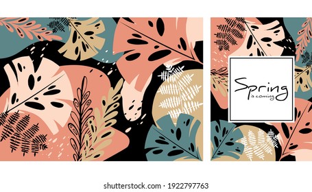 Retro tropical leaves pattern, hand drawn vector illustration. Tropical plants print. Spring design. Creative background.