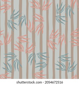 Retro tropical leaves semless pattern. Tropic leaf on stripe background. Exotic hawaiian wallpaper. Design for fabric, textile print, wrapping, cover. Vector illustration.