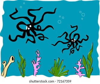 Retro Tropical Octopus Under the Sea Vector Illustration