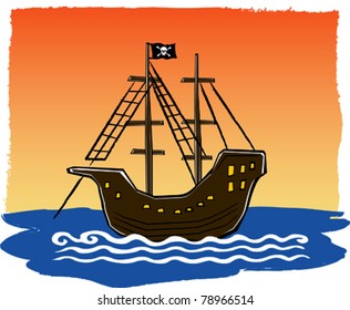 Retro Tropical Pirate Ship Anchored at Sunset Vector Illustration