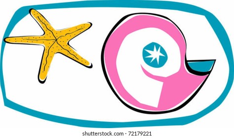 Retro Tropical Sealife Snail and Starfish Vector Illustration