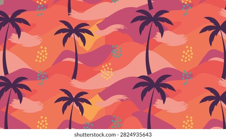 Retro tropical seamless pattern displays dark purple palm trees against an abstract sunset of pink, orange, and coral waves.
