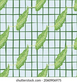 Retro tropisches nahtloses Muster mit Blättern auf Linienhintergrund. Vintage botanische Blattpflanzen Tapete. Exotische hawaiianische Kulisse. Design für Gewebe, Stoffdruck, Umhüllung, Deckel