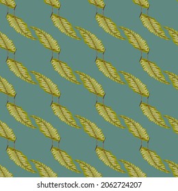 Retro tropical seamless pattern with leaves on green background. Vintage botanical foliage plants wallpaper. Exotic hawaiian backdrop. Design for fabric, textile print, wrapping, cover