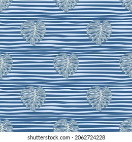Retro tropisches nahtloses Muster mit Monsterablättern auf Streifen Hintergrund. Vintage botanische Blattpflanzen Tapete. Exotische hawaiianische Kulisse. Design für Gewebe, Stoffdruck, Umhüllung, Deckel