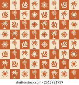 Retro Tropical Seamless Pattern with Palm Trees, Sun Icons, and Leaves in Terracotta Tones