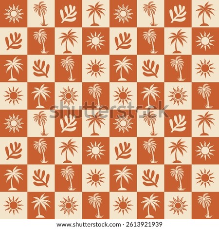 Retro Tropical Seamless Pattern with Palm Trees, Sun Icons, and Leaves in Terracotta Tones