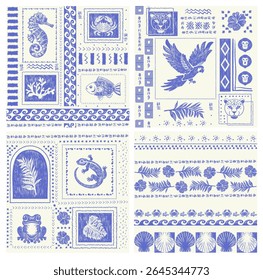 Retro tropical seamless pattern set. Repeating doodle patchwork with exotic plants, geometric shapes and animals. Vintage nature textile print. Hand drawn vector illustration isolated on background