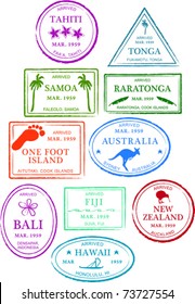 Retro Tropical Set of Fun Island Passport Stamps Vector Illustration