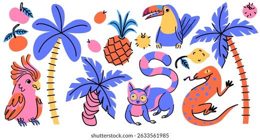 Retro tropical sticker set with animal characters - parrot and toucan, lemur and lizard, palm trees and fruits. Vibrant funky doodles in in bright colors. Exotic wildlife vector for summer design.