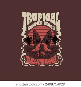 retro Tropical Summer beach california typography surf board poster design