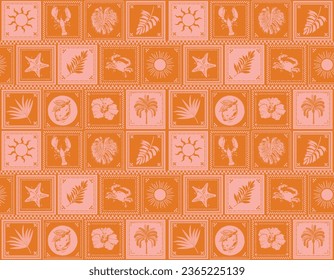 Retro  Tropical  Summer Hand drawn  , Oceans Animal , Leaves ,  Sea shell , Nautical Boat repeat in retro style. Vector art Hand drawn illustration for summer design, print, exotic wallpaper, textile,