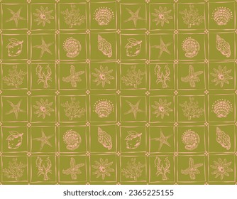 Retro  Tropical  Summer Hand drawn  , Oceans Animal , Leaves ,  Sea shell , Nautical Boat repeat in retro style. Vector art Hand drawn illustration for summer design, print, wallpaper, textile, fabric