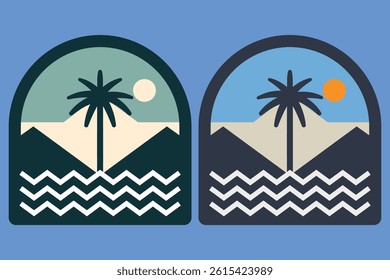 Retro Tropical Sunset Badge Vector | Vintage Palm Tree Beach Emblem Design for Stickers, T-Shirts, and Summer Decor