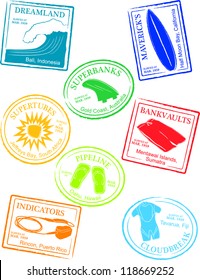 Retro Tropical Surf Break Passport Stamps Vector Illustration